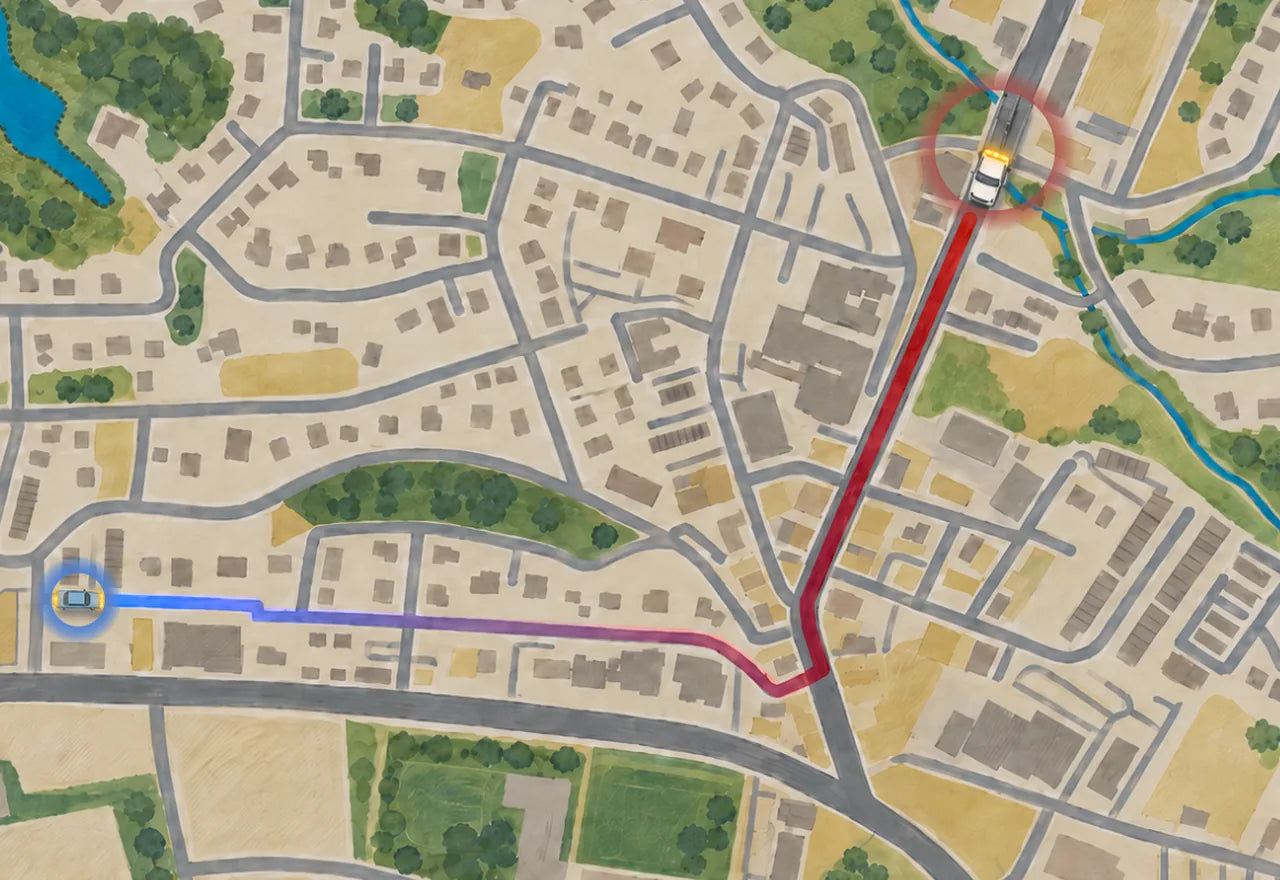 A tow truck on a neighborhood map, heading to a stopped car