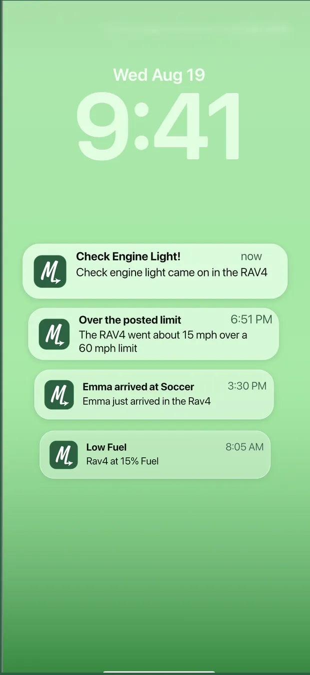 Phone lock screen with four Miles alerts: check engine light, speeding, an arrival, and low fuel.