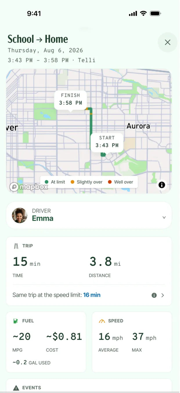 Trip detail screen: the route on a map with stats for the drive.
