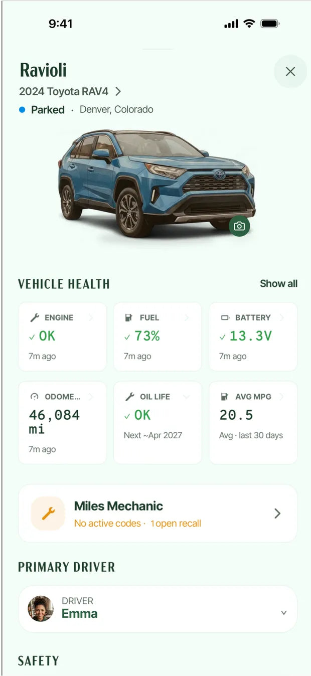 Vehicle detail screen: a photo of the car with its stats and health.