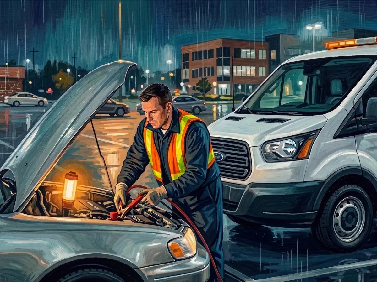 A roadside technician jump-starting a car in a parking lot at night in the rain