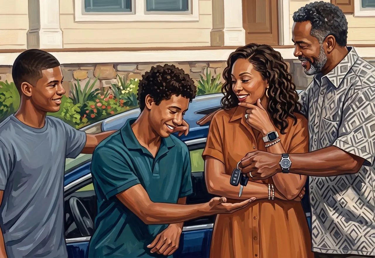A family in a driveway handing car keys to their teenage son