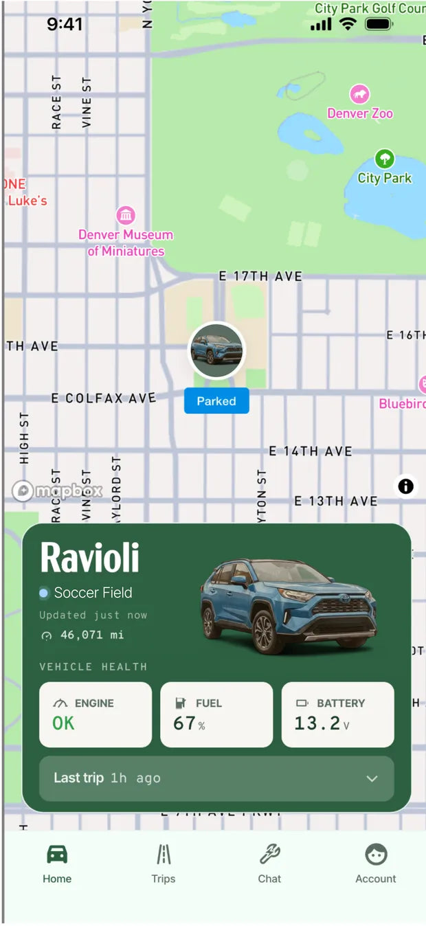 App home screen: a map with the car parked, and a vehicle summary below.