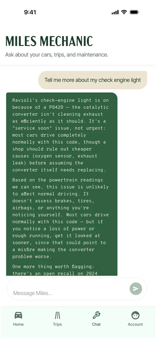 Miles Mechanic screen: a chat conversation about a warning light.