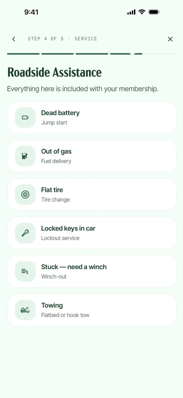 Roadside assistance screen with the available options.